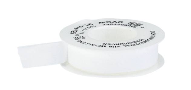 A roll of white PTFE tape, commonly used for plumbing and pipefitting work to seal threaded connections.