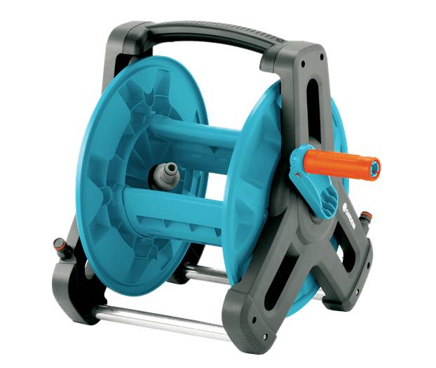 An empty, portable garden hose trolley with a blue hose reel housing and black handle, ready for hose winding.