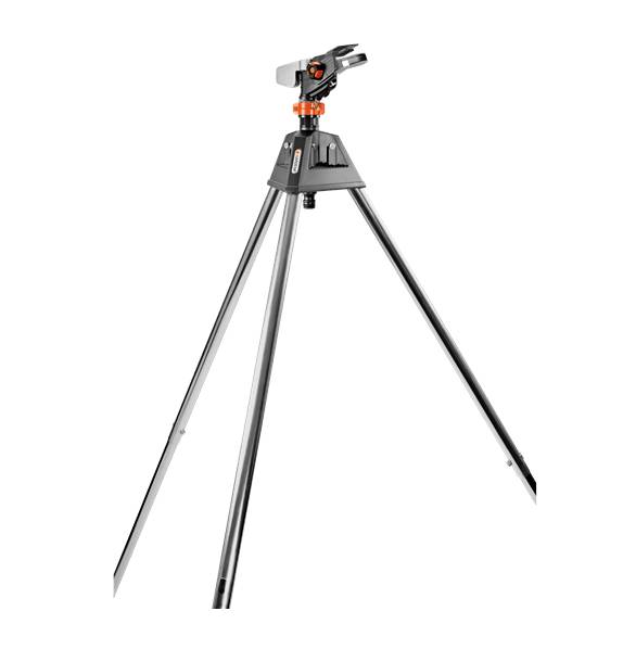 Silver tripod with three extendable legs and an adjustable head mount, suitable for cameras or binoculars.