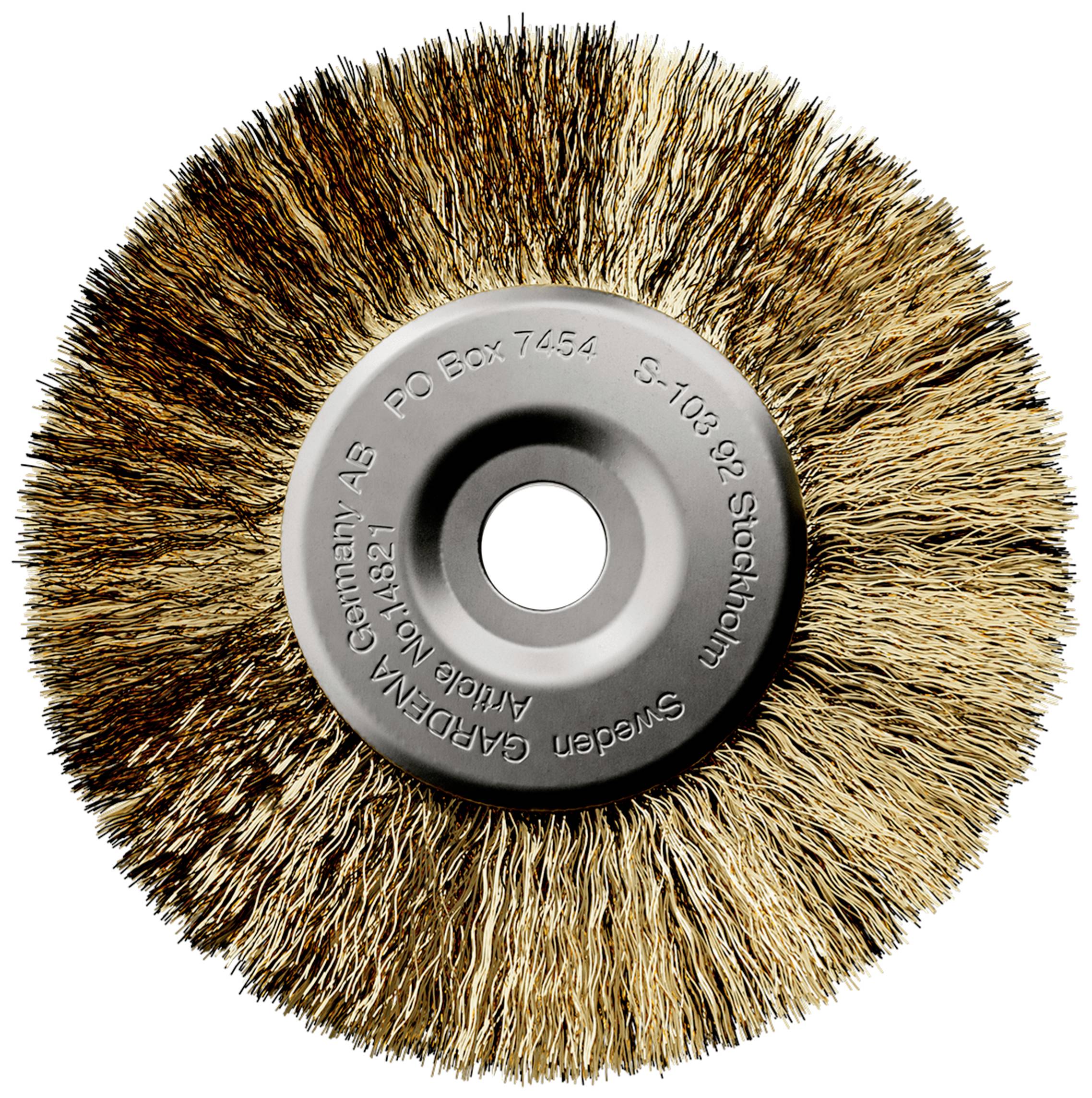 A round wire brush with a metal centre and bristles in various shades of brown, suitable for cleaning or polishing work.
