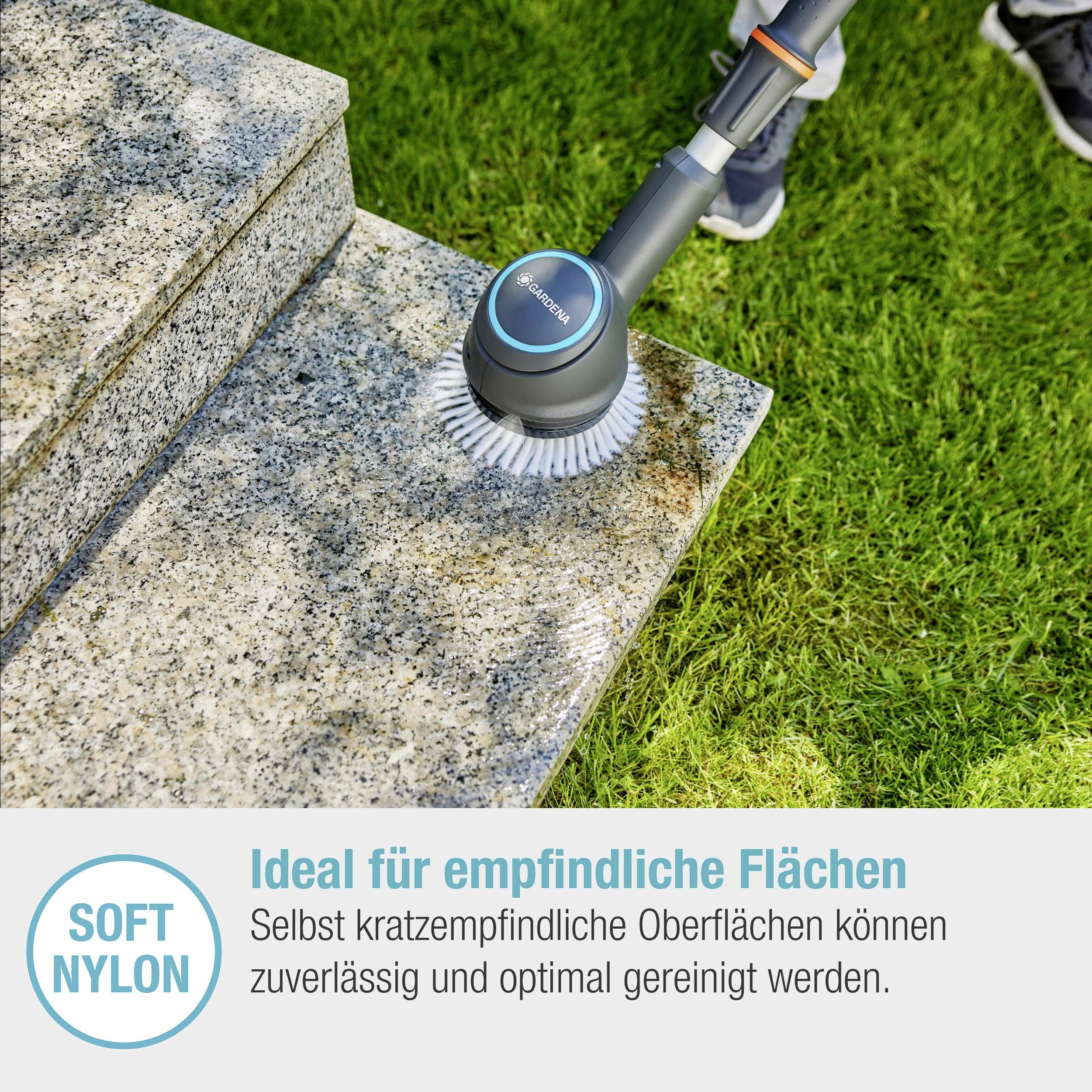 Nylon brush cleans delicate stone surface.