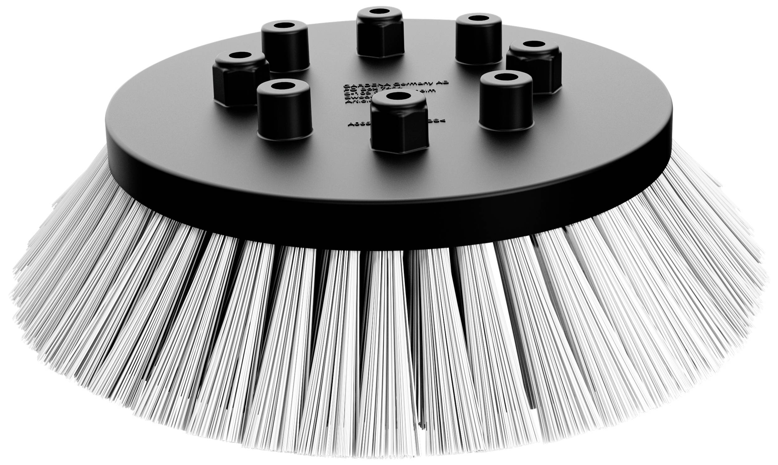 Round, black brush with white bristles, suitable for cleaning equipment. Six mounting points on the top surface for machine adaptation.
