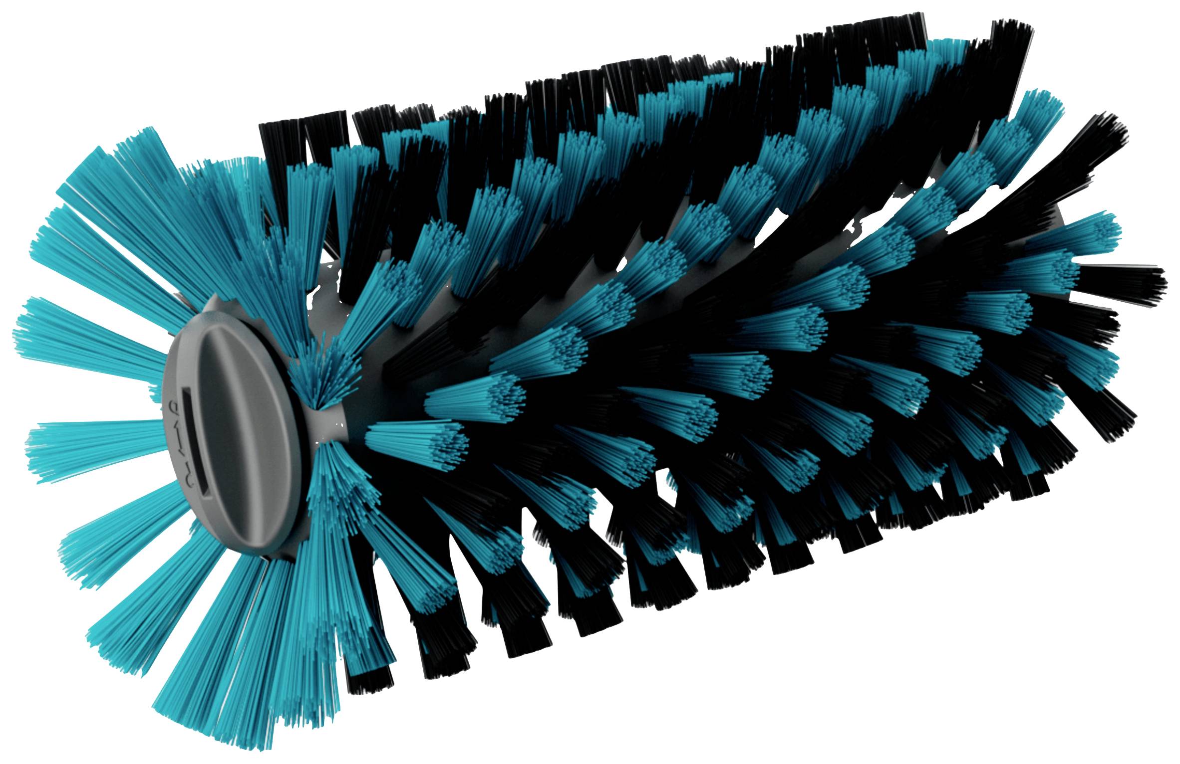 Cylindrical brush roller with blue and black bristles, used for cleaning machines or industrial applications.