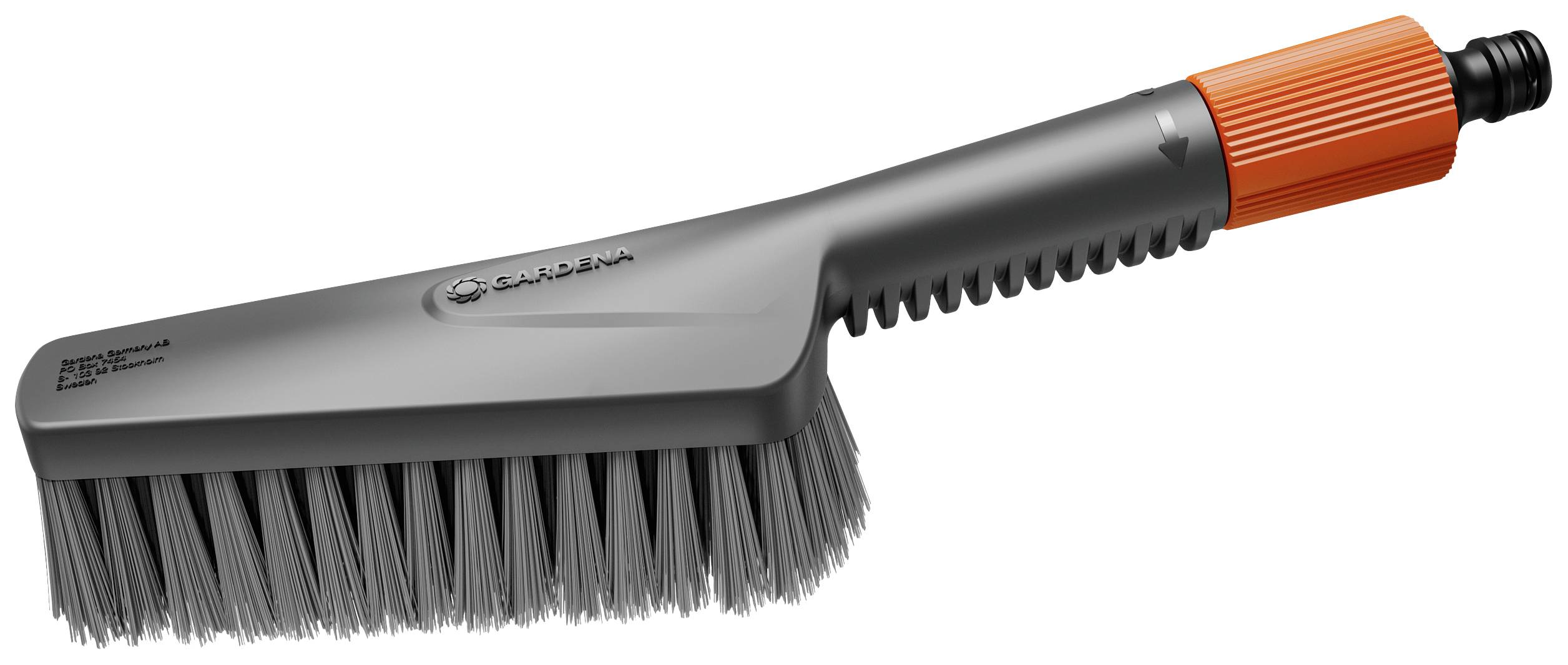 A grey brush with an orange handle and water connection. Suitable for cleaning surfaces. Brand: 'Gardena'.