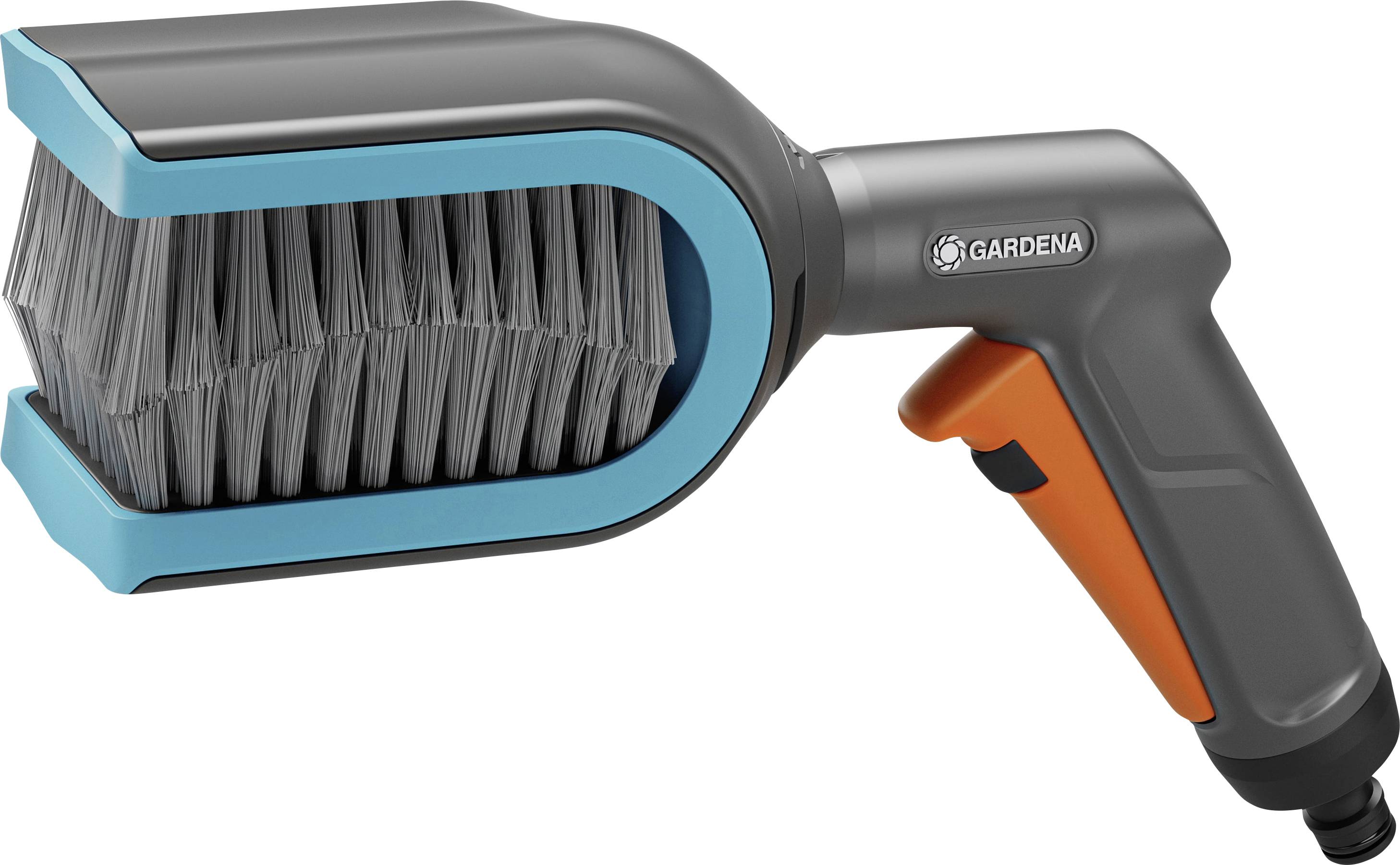 A handheld garden brush with a gray handle and aqua blue bristles, used for cleaning tools or pavements. Orange accent on the grip.