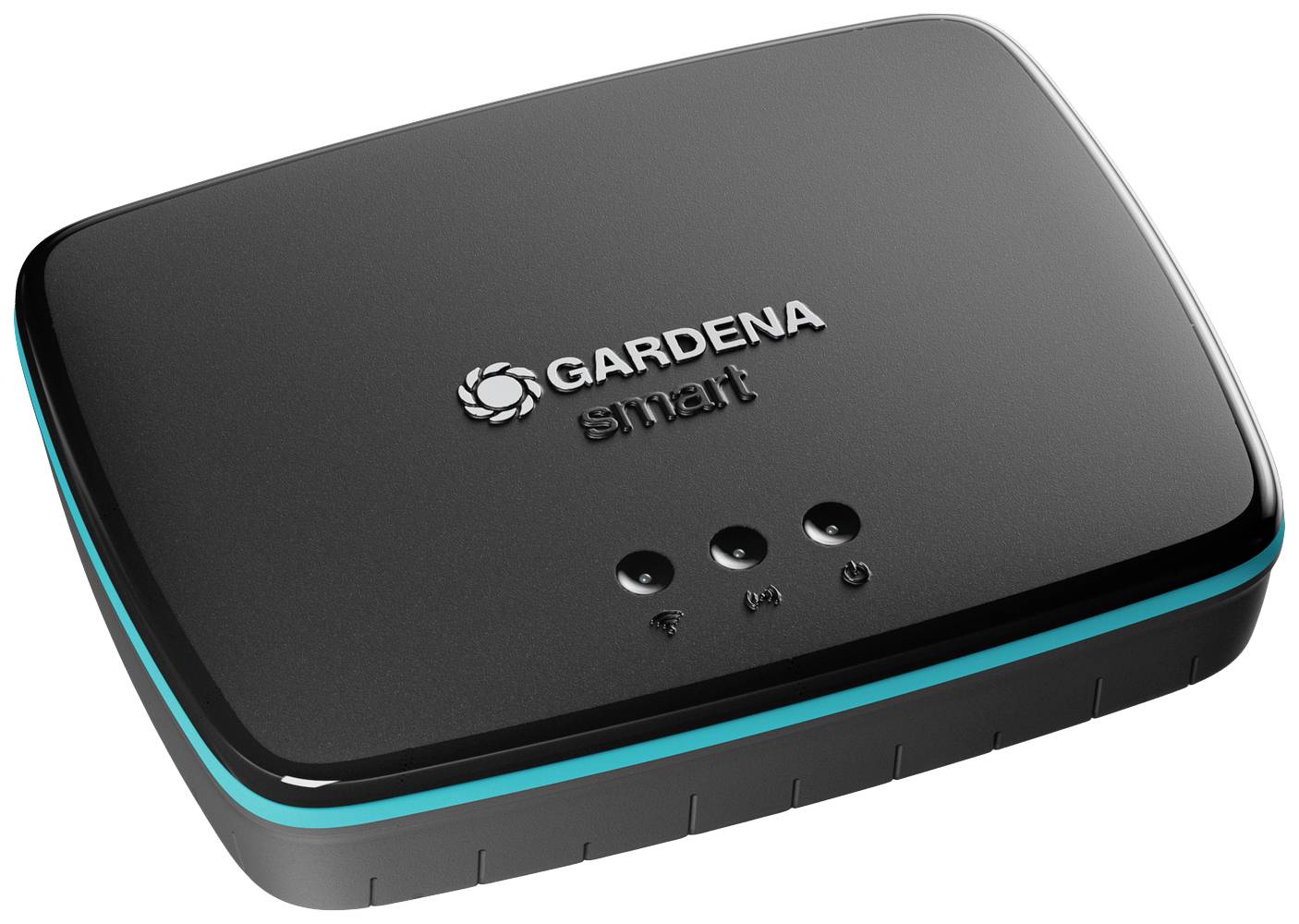 Black, rectangular Gardena Smart device with three buttons and a light strip. Used for controlling smart garden equipment.