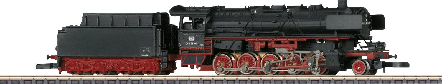 A black steam locomotive model with red wheels and details, standing on tracks. Side view.