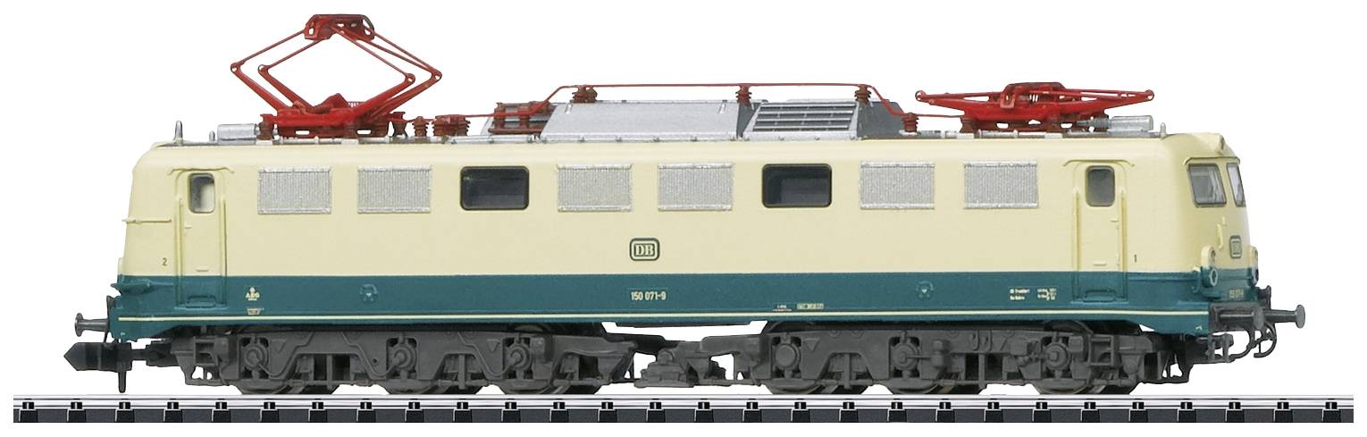Model of a two-tone electric locomotive in beige and blue with red elements on the roof, standing on a section of track.