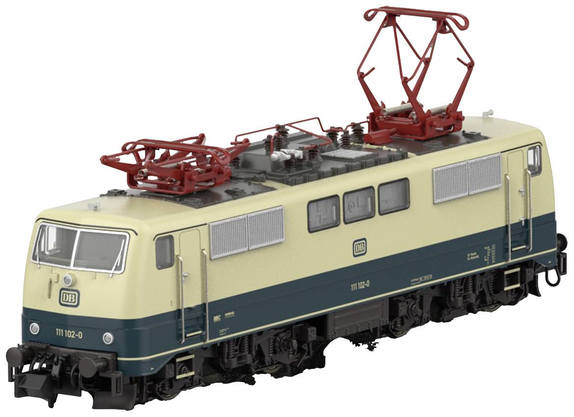 Locomotive of the Deutsche Bahn with beige and blue paintwork and red pantographs, model number 111 102-0, side view.