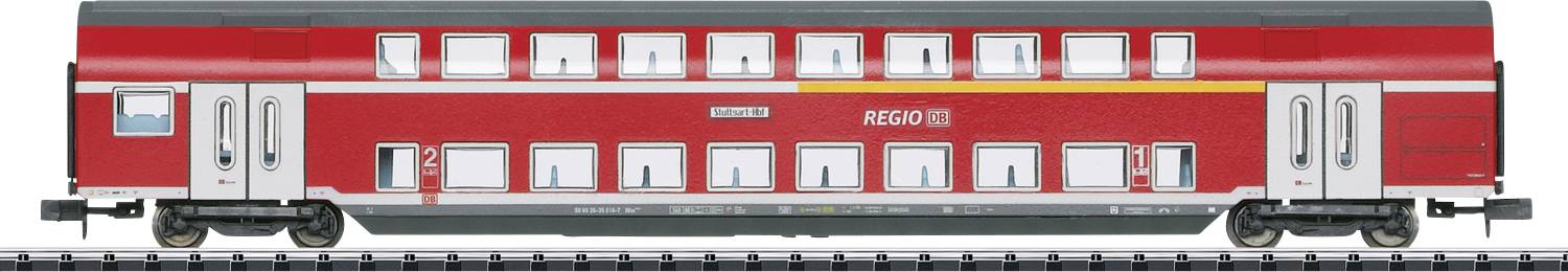 Red double-decker train of Deutsche Bahn, Regio type, with multiple doors and windows on each level, standing on railway tracks.