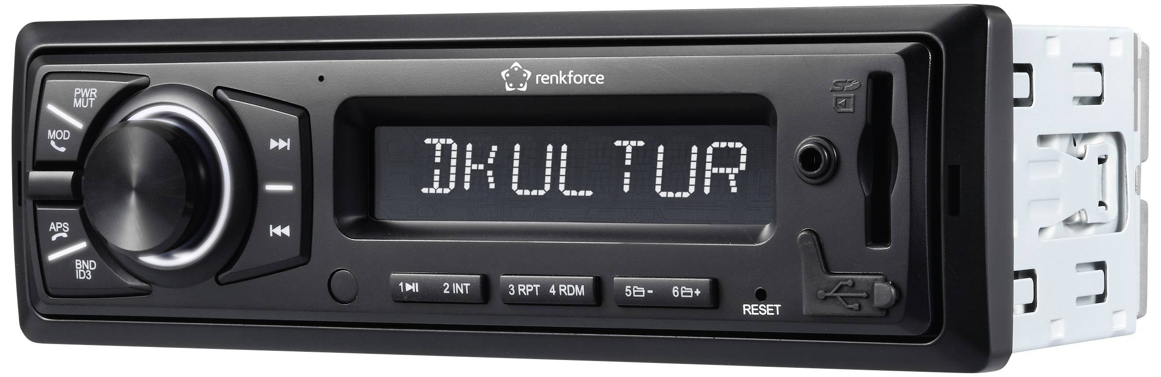 Car radio with display showing 'DKULTUR'. On the left: control knob and buttons. On the right: USB port. Brand: renkforce.