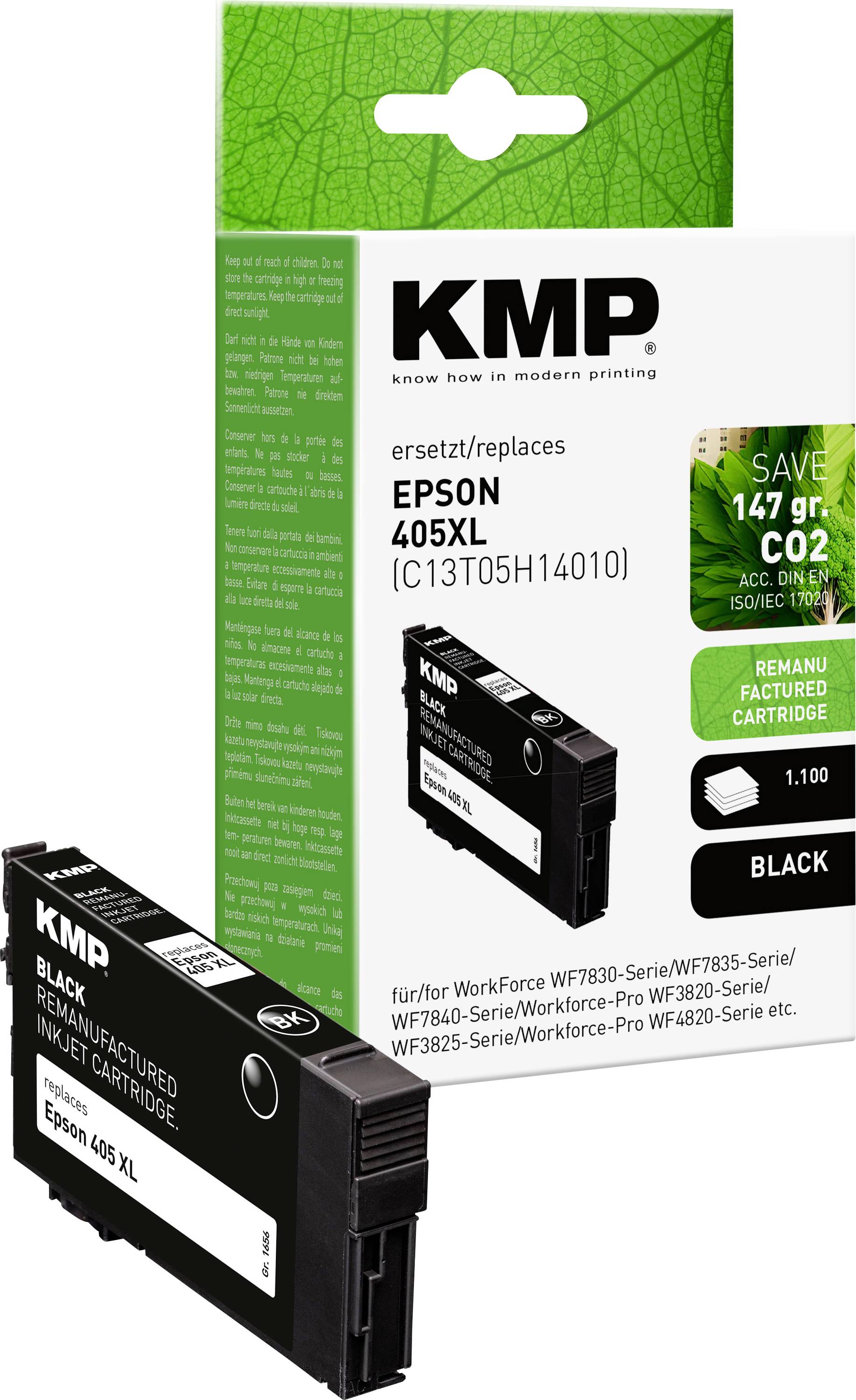 Epson 405XL black ink cartridge by KMP, replaces C13T05H14010. Packaging highlights eco-friendly design and CO2 savings.