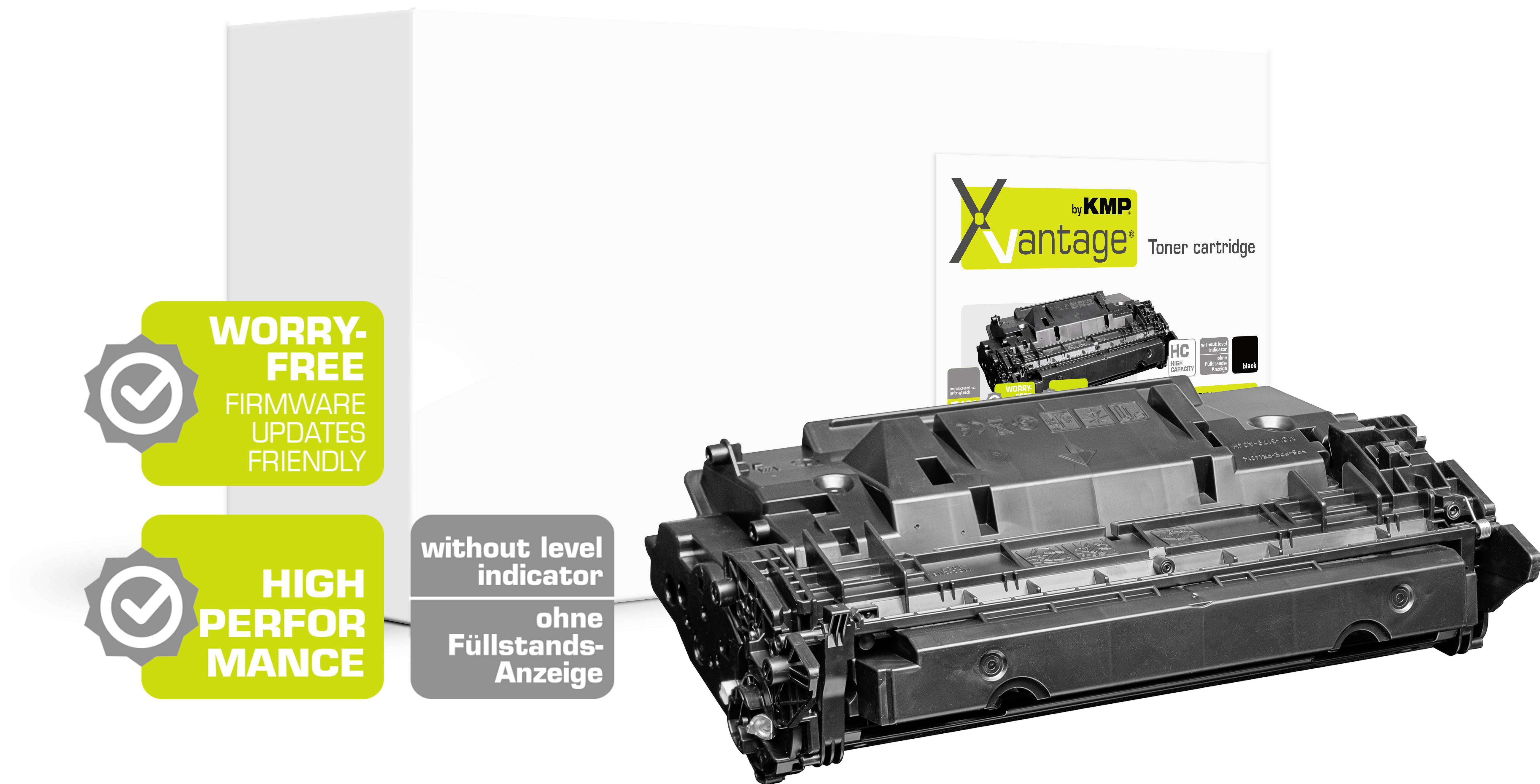 'KMP Vantage' toner cartridge without level indicator, packaging and toner visible, labels describe 'Worry-free' and 'High-performance'.