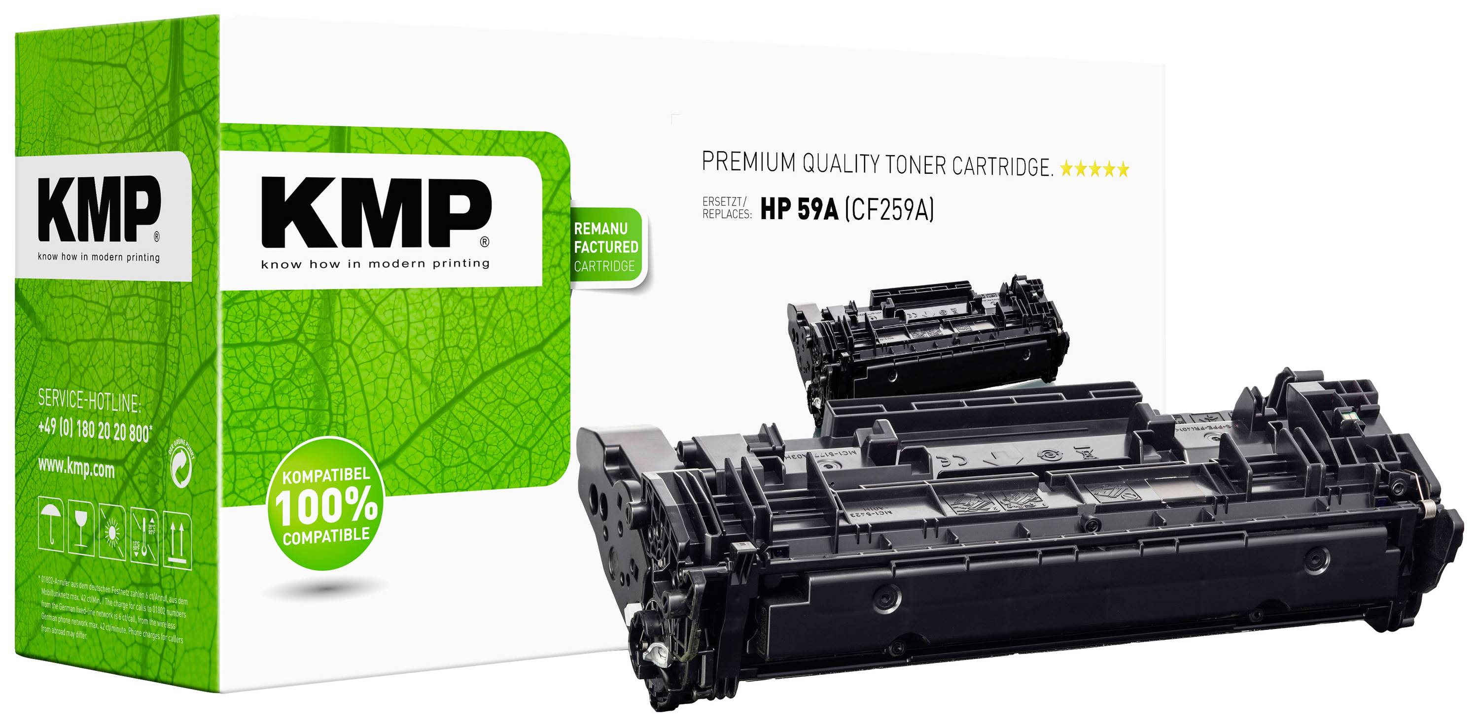 Toner Cartridge KMP for HP 59A (CF259A), remanufactured, 100% compatible, pictured in front of a white packaging with green logo.