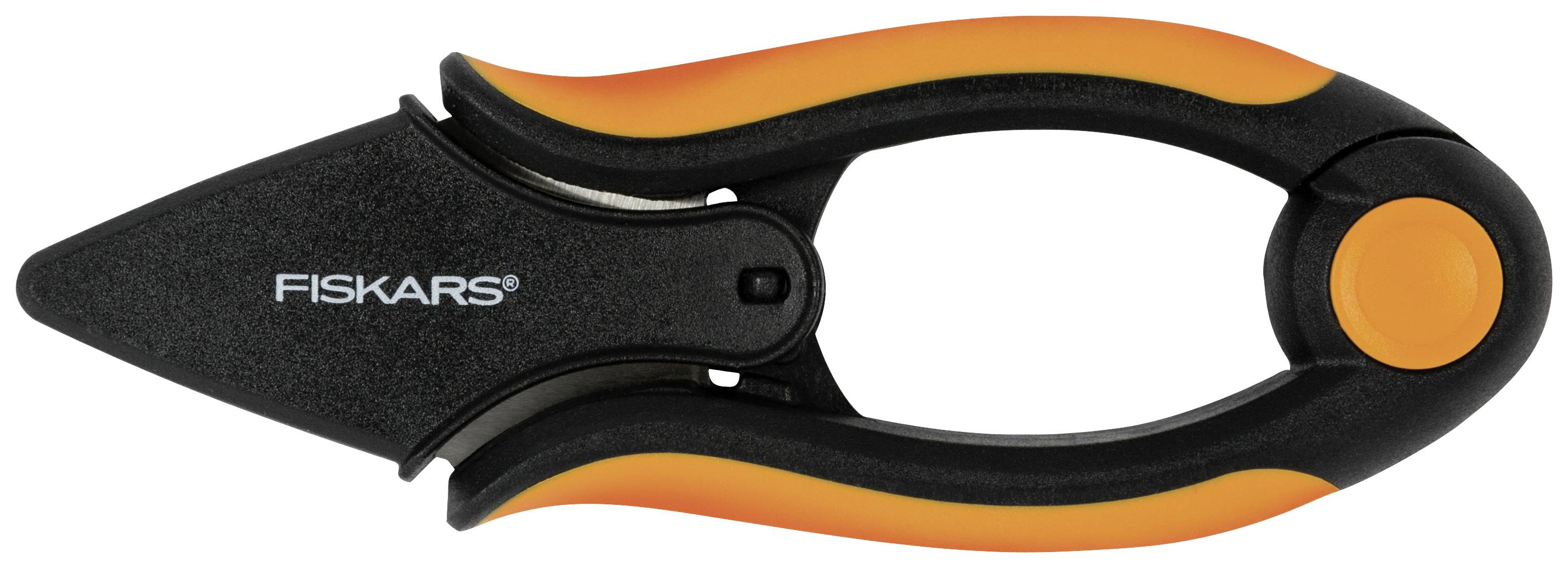 A small, black pair of scissors with orange handles and rounded blades, with 'Fiskars' written on them.