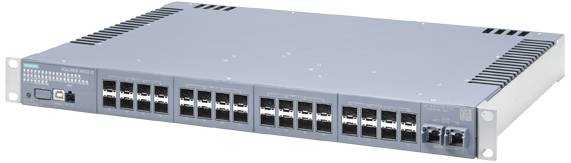 A grey network switch with multiple Ethernet ports arranged in two rows and LED indicators. Suitable for data transmission.