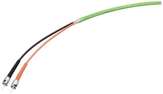 Two fibre optic cables, one orange and one black, are connected with a green sheath.