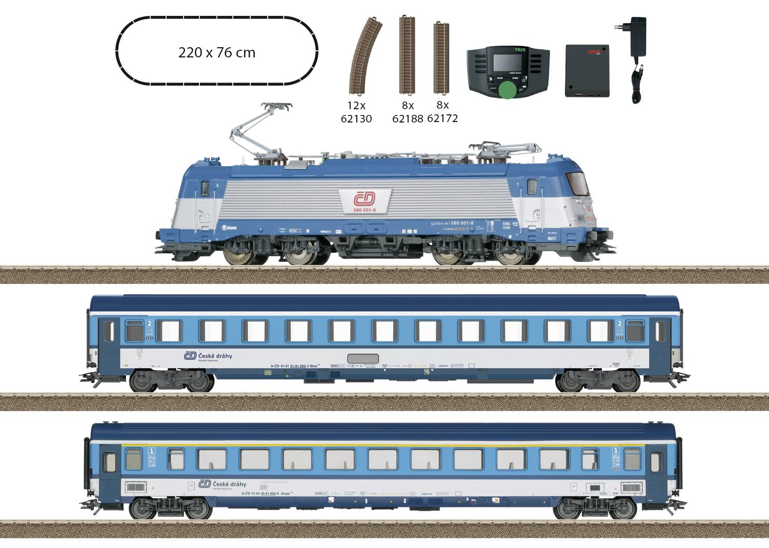 Model railway set with a blue locomotive and two blue carriages. Includes tracks, a remote control and an adapter. Dimensions: 220 x 76 cm.