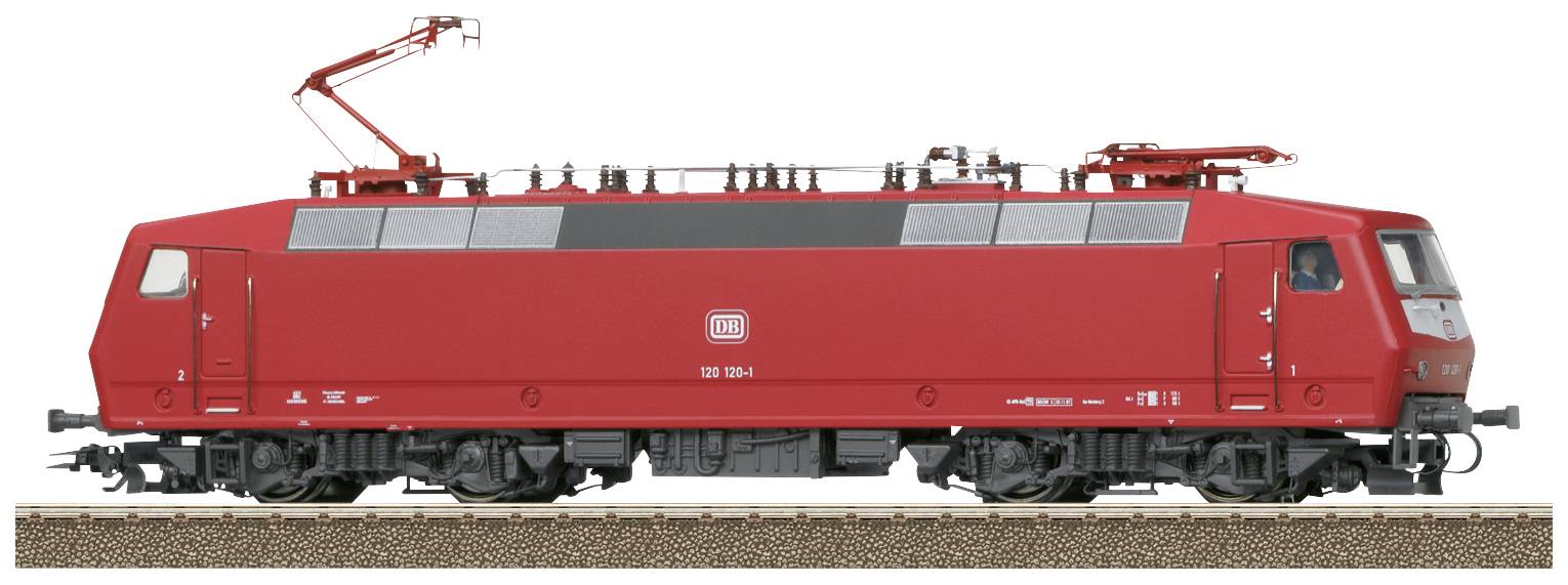 A red Deutsche Bahn electric locomotive model train on a track, side view.