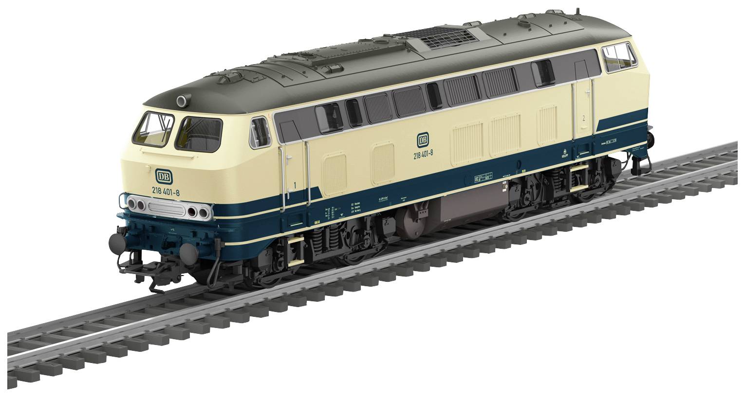 A beige and blue Deutsche Bahn locomotive travels along a railway section. It has distinctive ventilation slots and detailed mechanical elements.