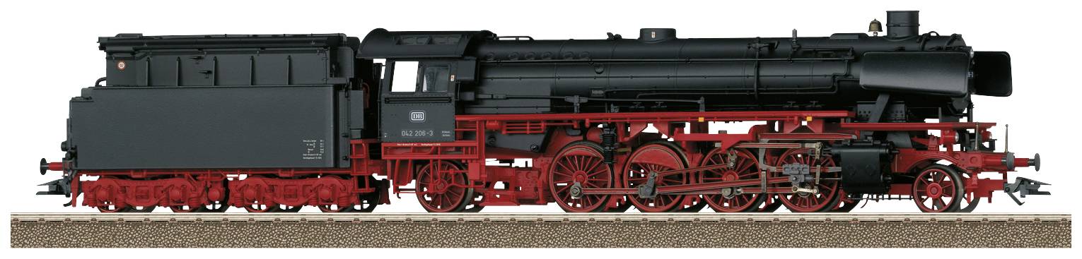 Side view of a black and red steam locomotive on a railway track. The locomotive has detailed wheels and visible boilers.