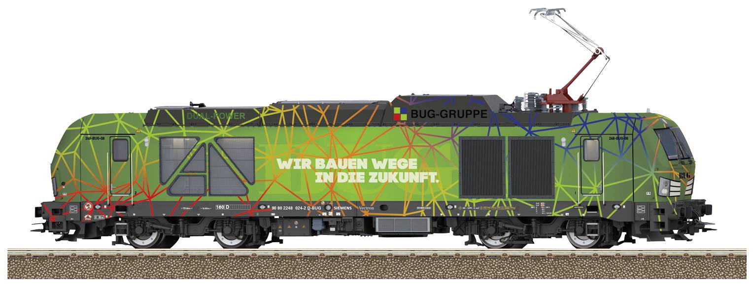 Electric locomotive with green design and colourful lines. Caption: 'We are building pathways to the future.'