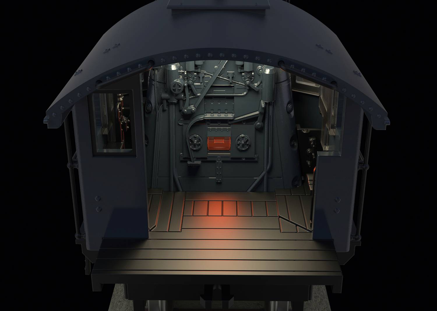 A view into the interior of a train driver's cab with control levers and measuring instruments, set in a dark environment, illuminated by warm red light.