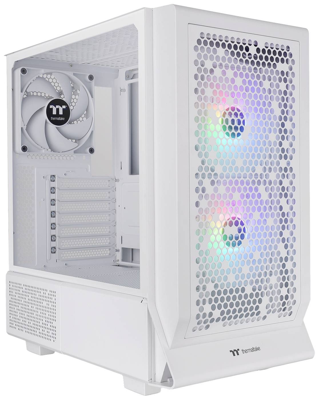 White computer case with two RGB fans at the front and one fan at the rear. The case features a breathable front grille.