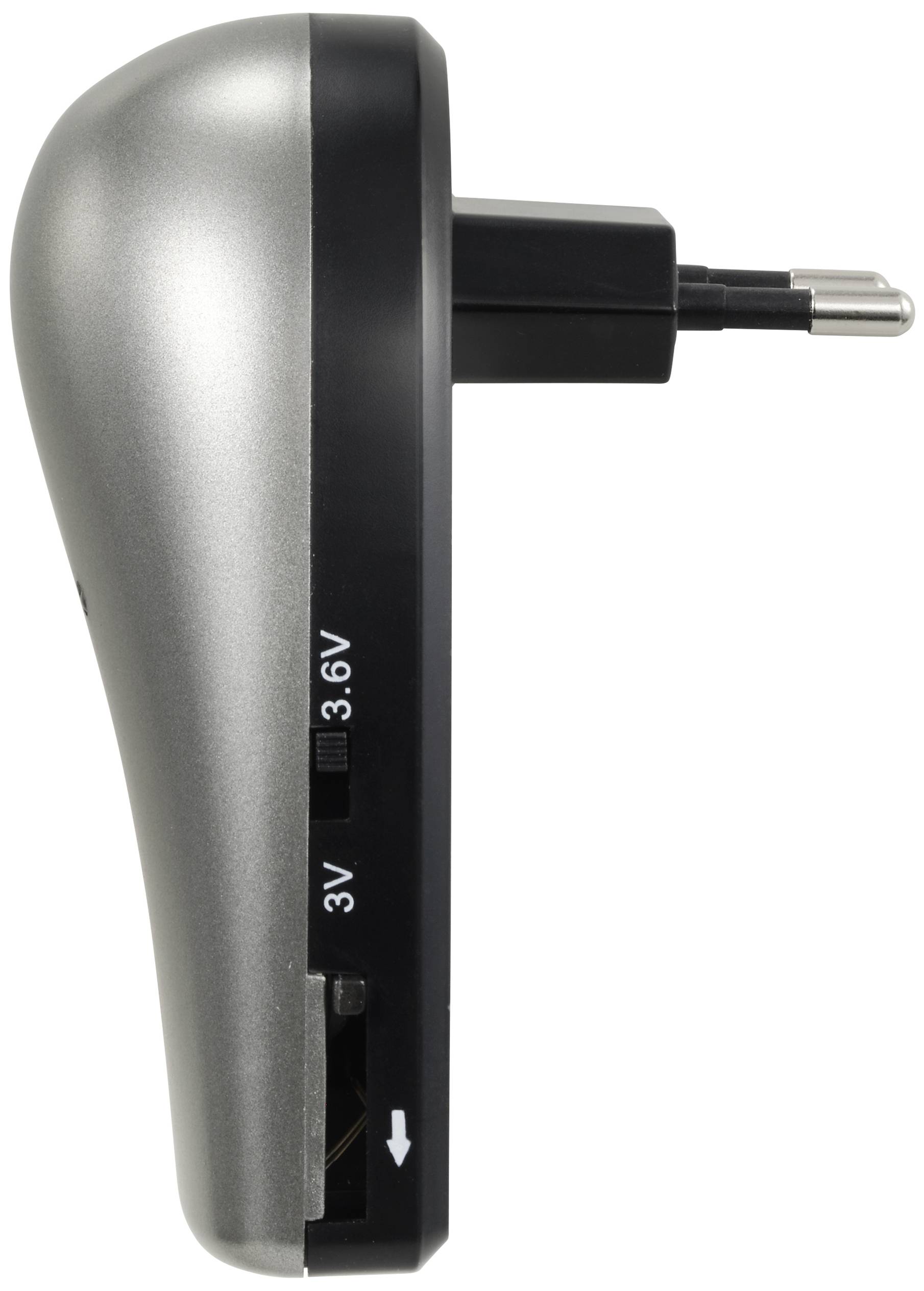 A plug-in charger with a sliding control for voltage adjustment between 3.3V and 3V, side view.