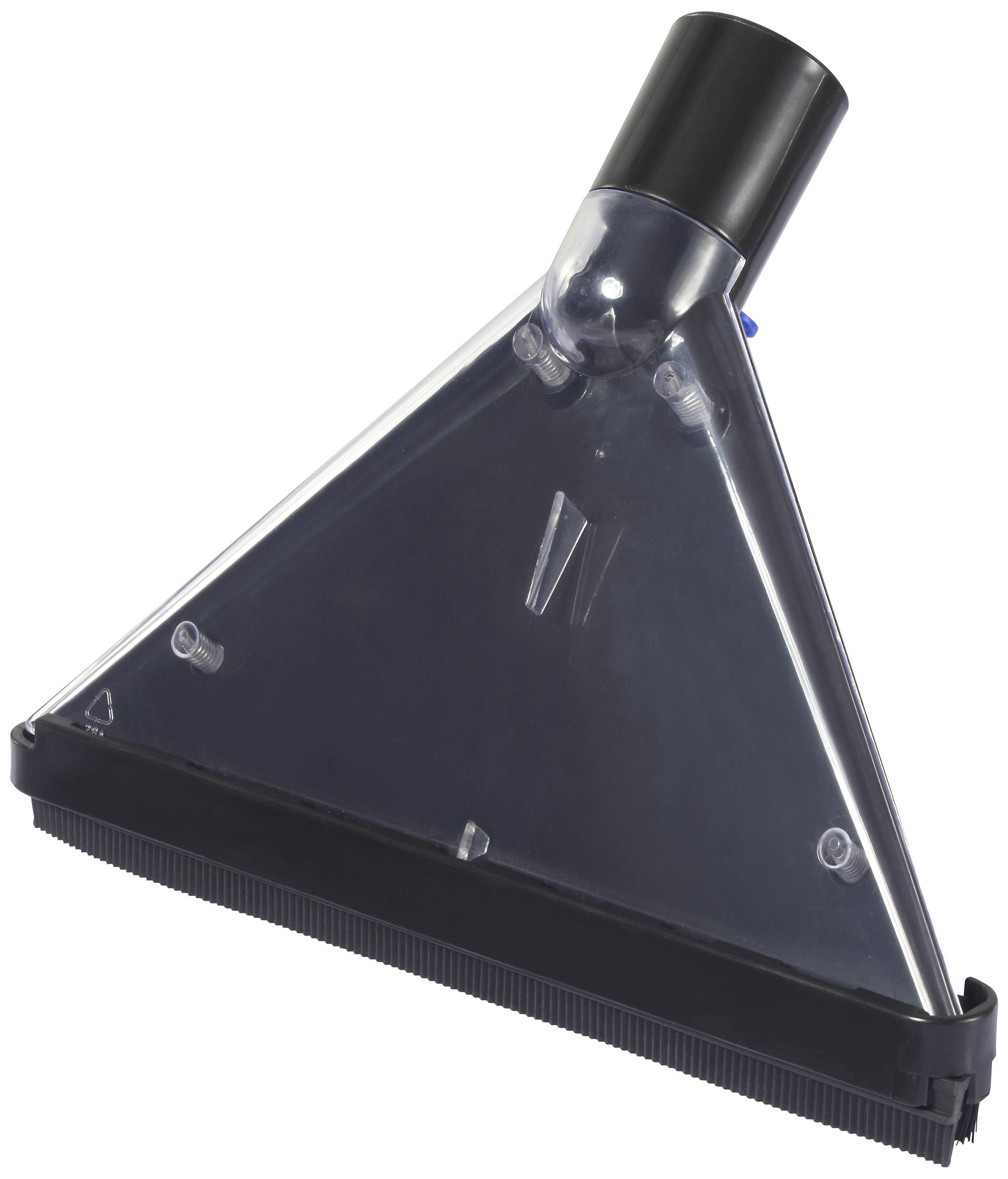 Transparent, triangular vacuum cleaner attachment, positioned against a white background. Black pipe connection at the top. Designed for hard-to-reach corners.