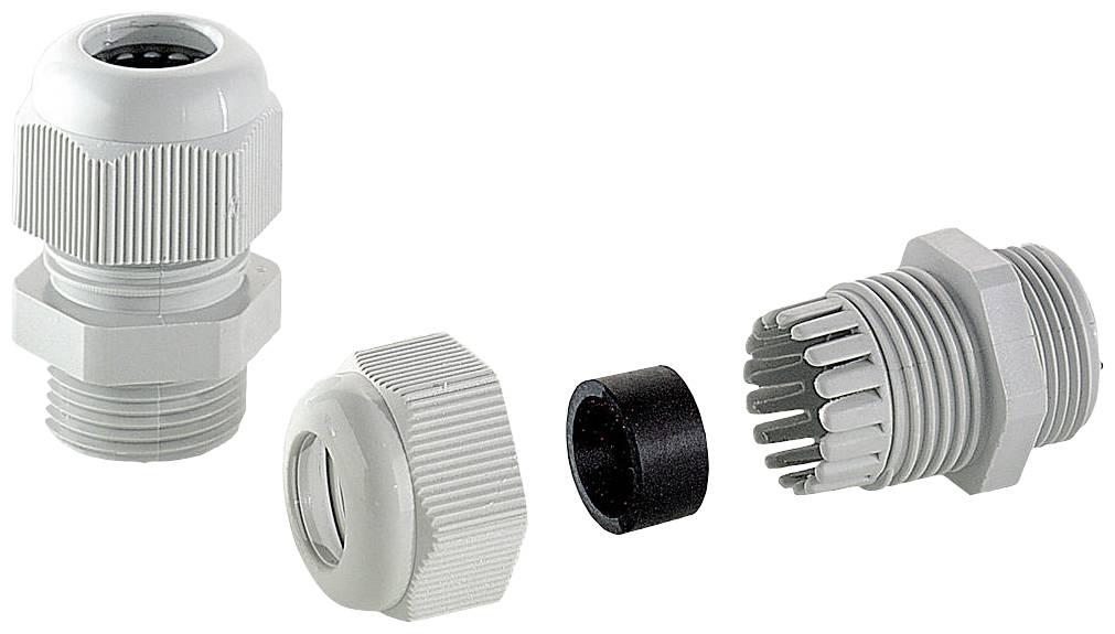 Multi-part cable gland in individual components: housing, sealing cap, seal. Assembled on the left, disassembled on the right.