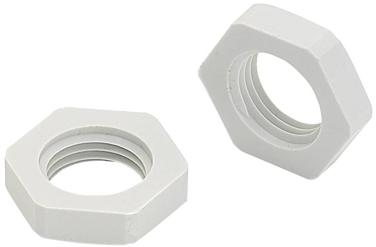 Two white plastic hexagonal nuts on a white background, one standing and one lying down.