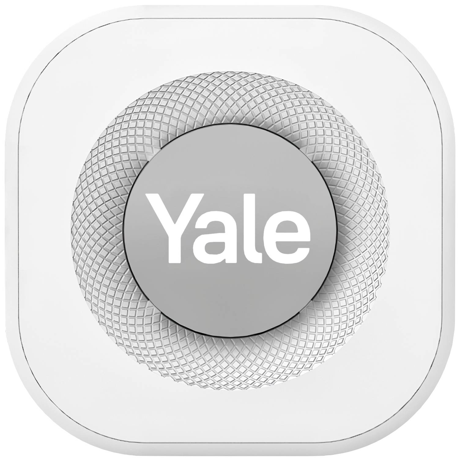 White smoke detector with the 'Yale' text in the centre, surrounded by a grey, textured ring.