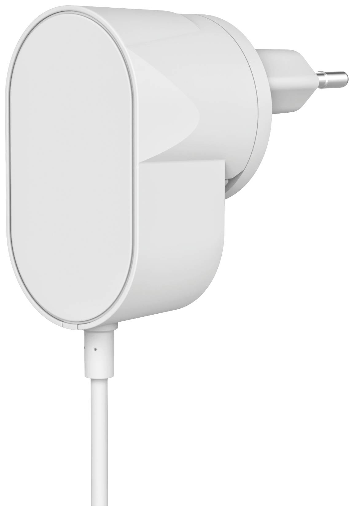 A white, rectangular charger with a European plug. It features a rounded design and a cable at the bottom.