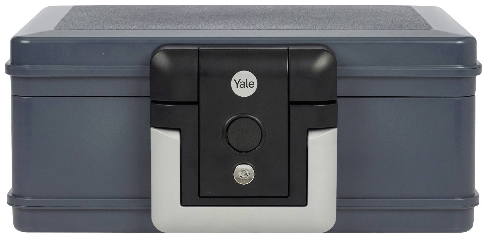 A locked, rectangular, grey security box with a black lock and 'Yale' logo in the centre.