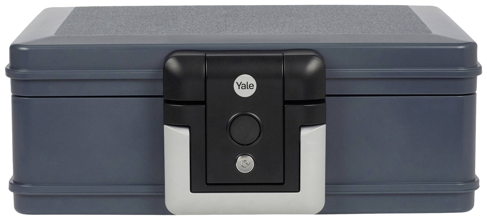 A grey safe with a black lock and silver handle. The logo of a security company is visible on the lock.