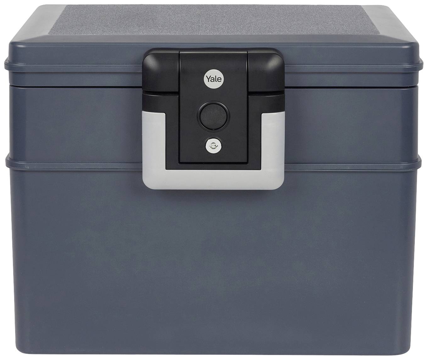 A grey safe with a black and silver lock in the centre. Suitable for securely storing valuables.