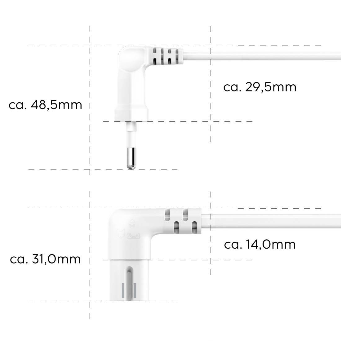 Illustration of two white plugs with technical dimensions: Top approximately 48.5mm x 29.5mm, bottom approximately 31.0mm x 14.0mm.