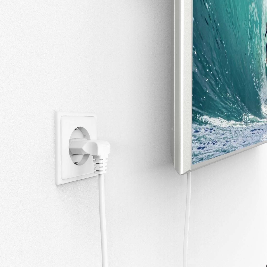 Electric wall heater with ocean motif, plugged into a socket, demonstrates modern interior design and energy efficiency.