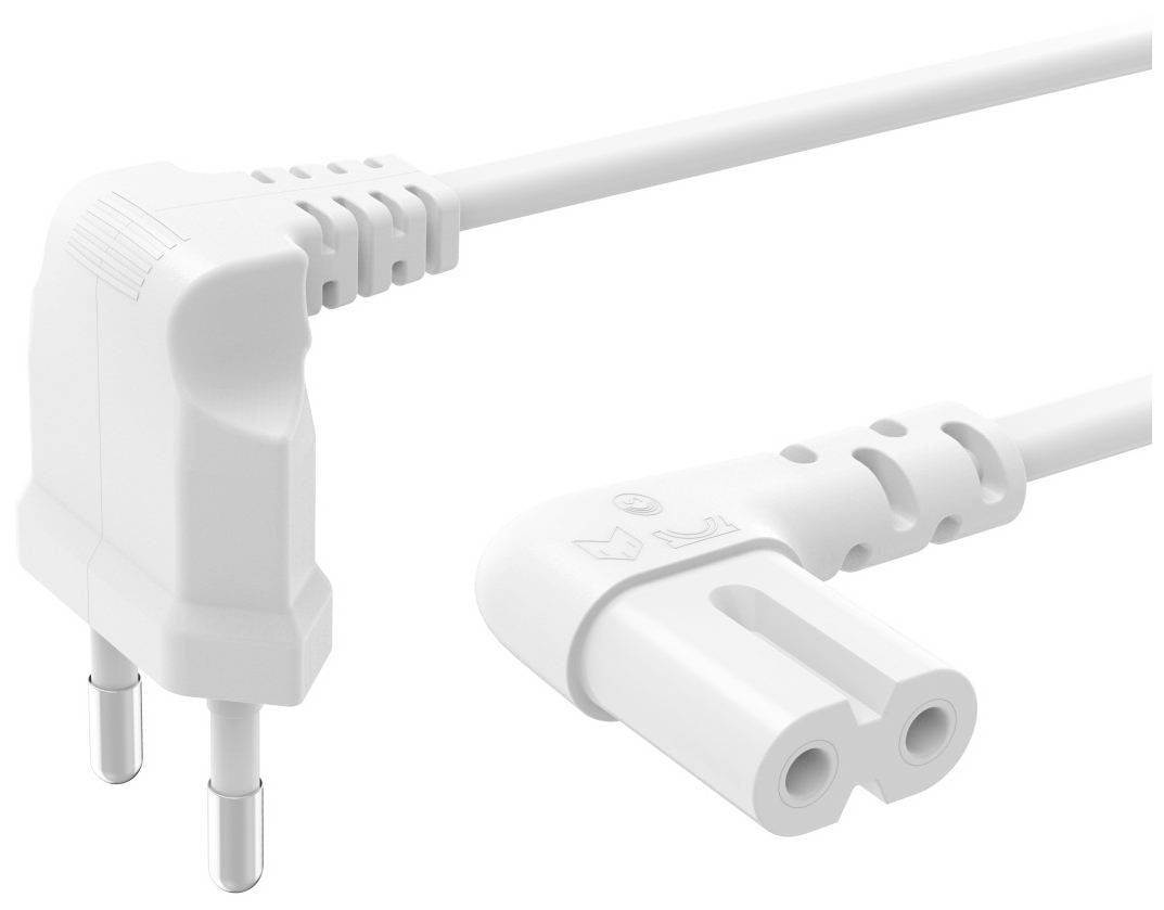 White network cable with Euro plug and angled connection, suitable for use with household appliances or electronics.
