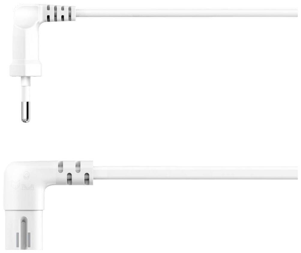 A white angled network cable with a European plug, suitable for electronic devices, shown in detail from two perspectives.