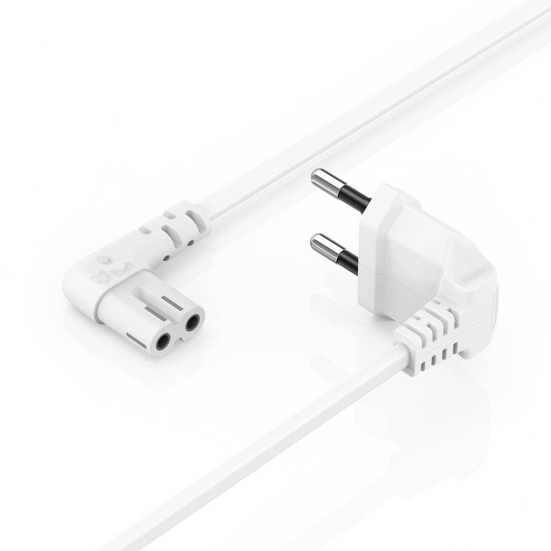 White network cable with European plug and double socket end, suitable for electronic devices, on a white background.