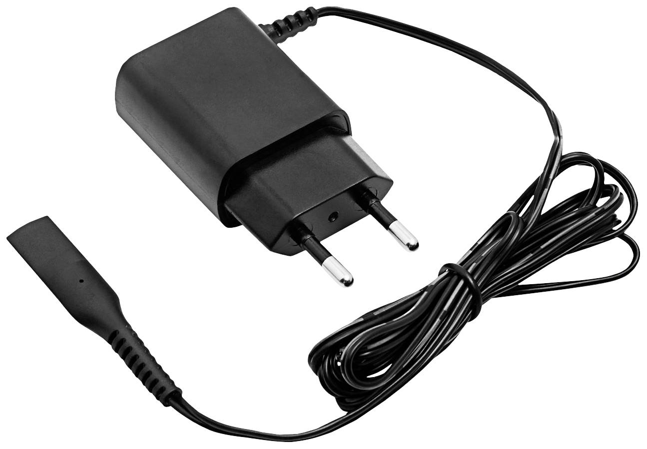 A black charger with a European plug and a long cable.