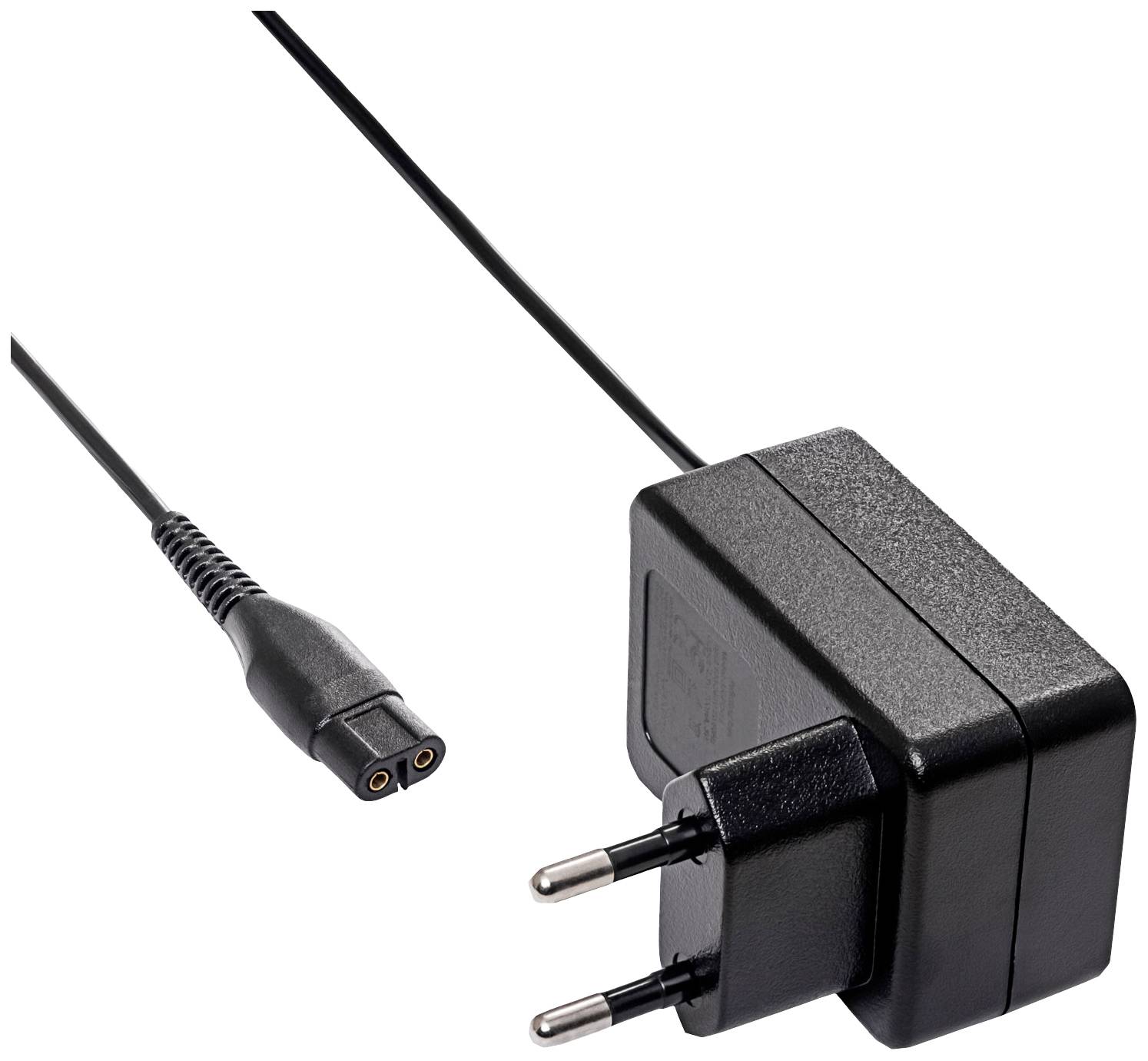 Plug of a black power supply with two round contacts and a detachable cable, suitable for European power sockets.