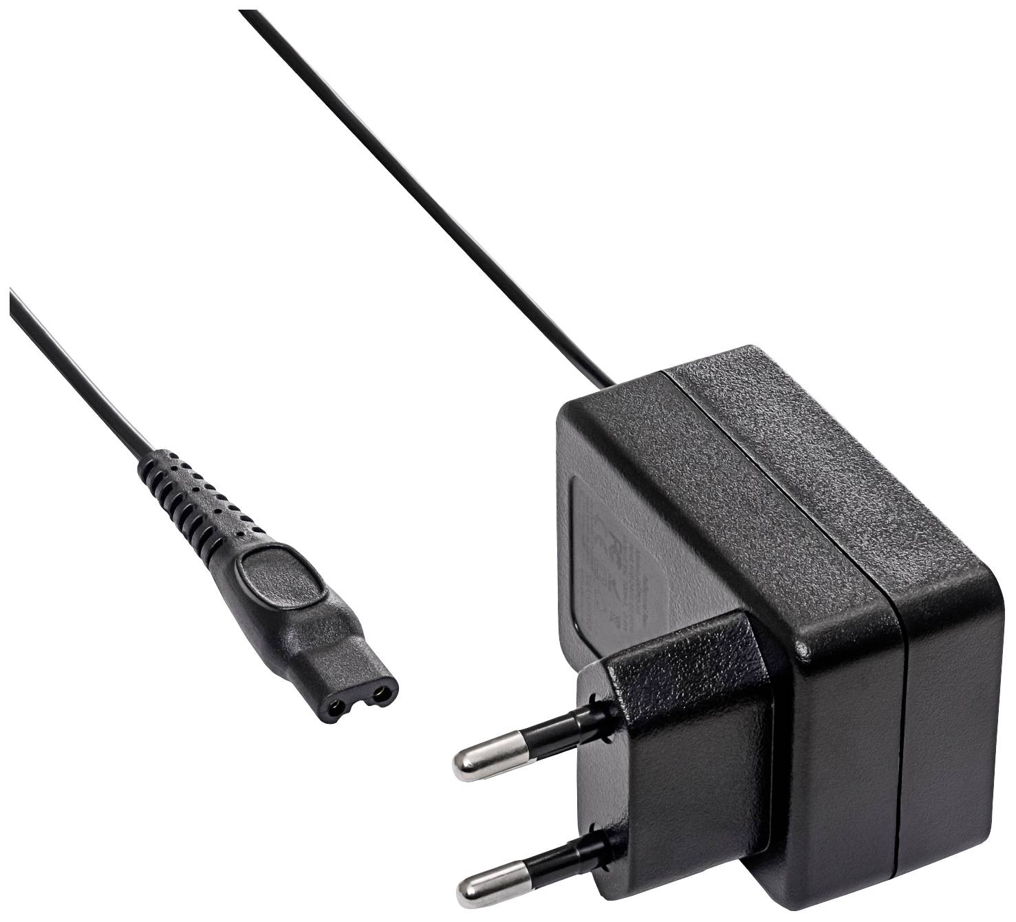 Black power supply with plug and cable, suitable for European sockets, shows a typical power unit for electronic devices.