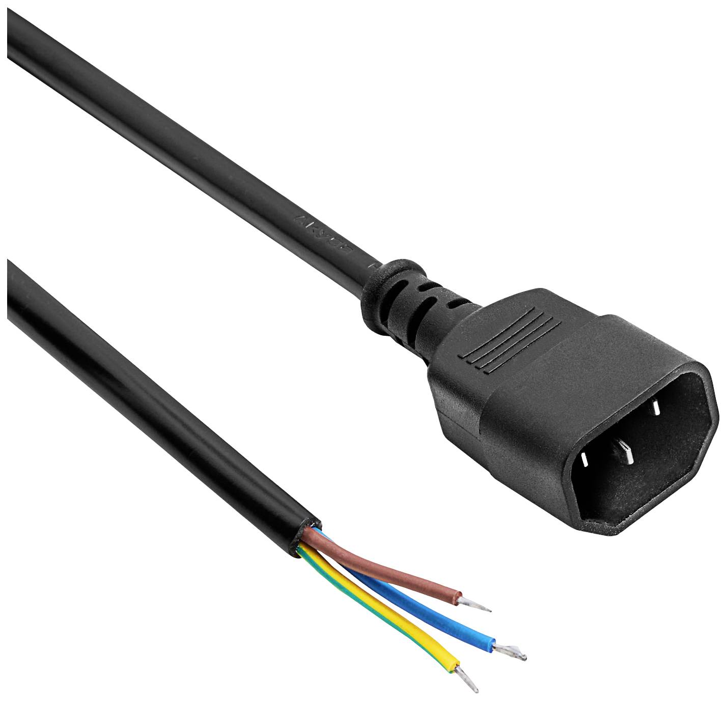 A black power cable with stripped, colour-coded wires (brown, blue, green/yellow) at the end.