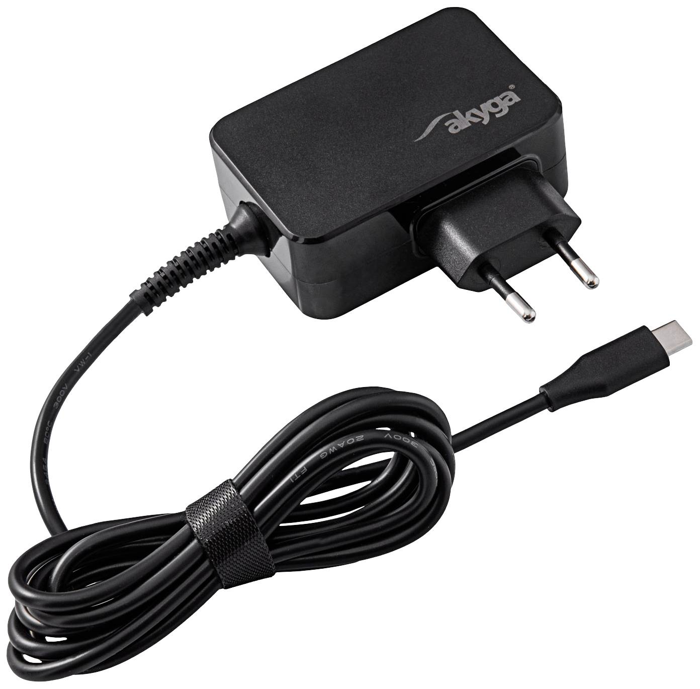 Black charger with European plug and detachable USB-C cable, suitable for electronic devices.