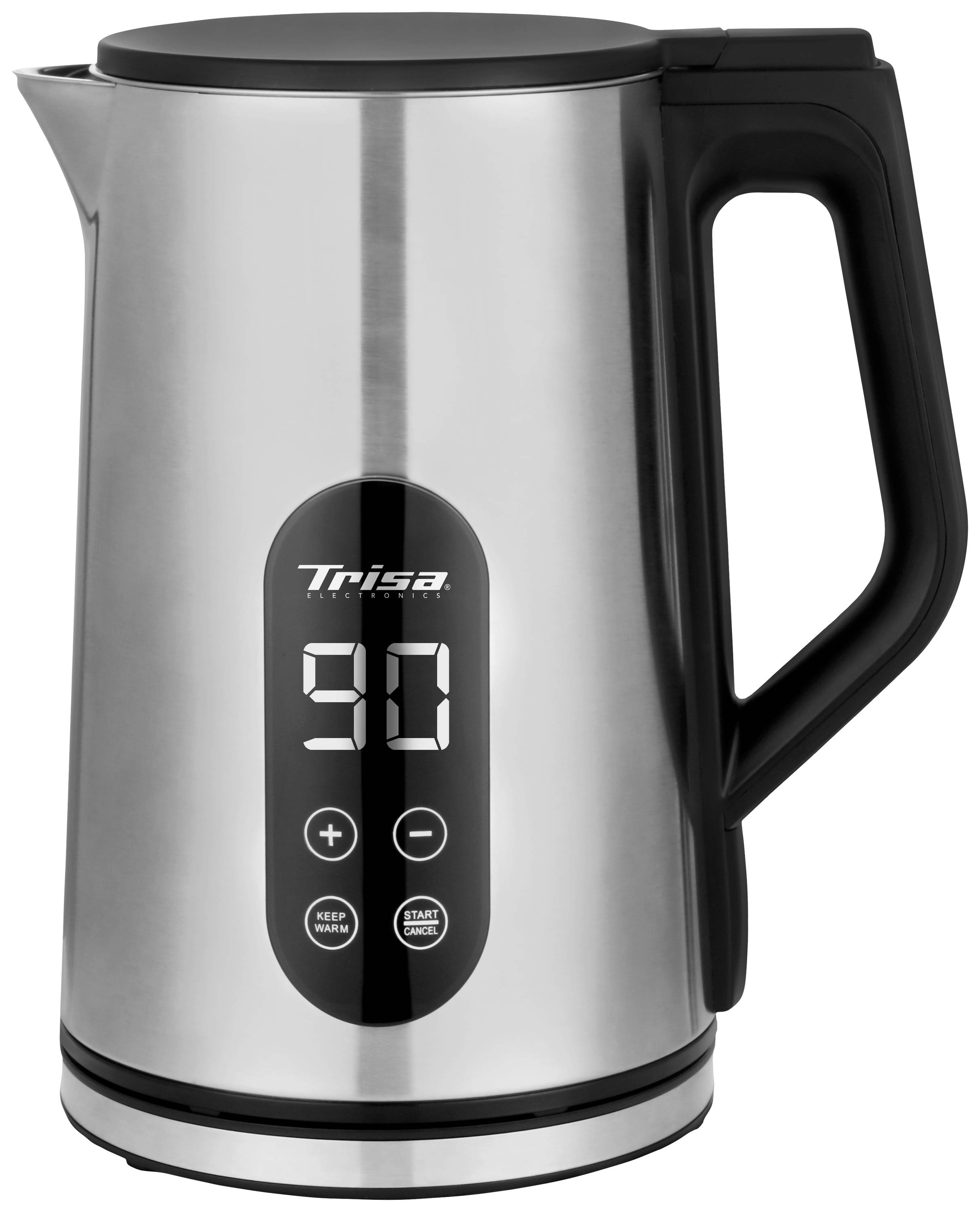 Silver electric kettle with a digital display on the front showing '90'. Black handle, with buttons for temperature setting and keep-warm function.