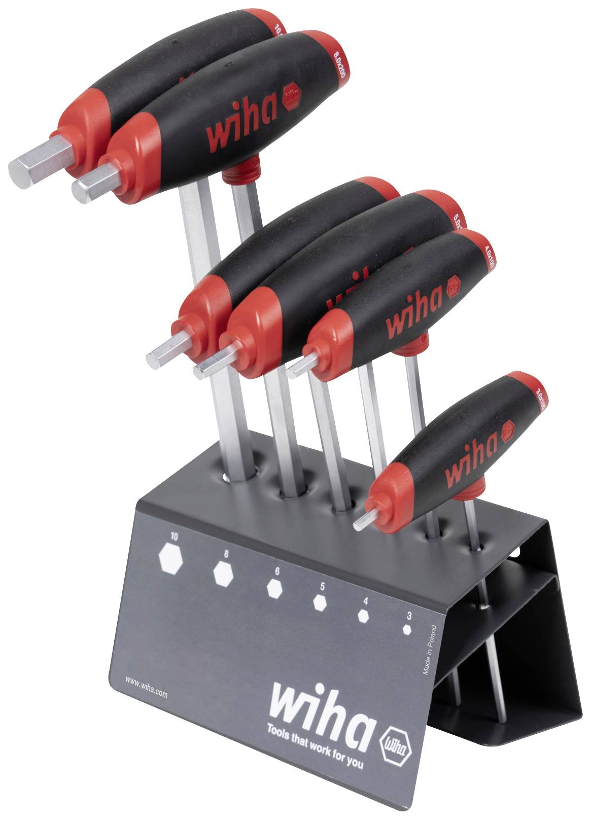A set of seven Wiha hexagonal Allen keys with T-handles in a black stand, with brand logo and size markings visible.