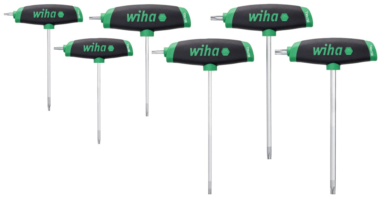 Six T-handle screwdrivers in various sizes, black and green with 'wiha' logo, pictured against a white background.